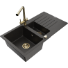Mexen Matias chiuvetă de granit cu 1,5 compartimente cu scurgător și baterie de bucătărie Duero, negru/metalic auriu
