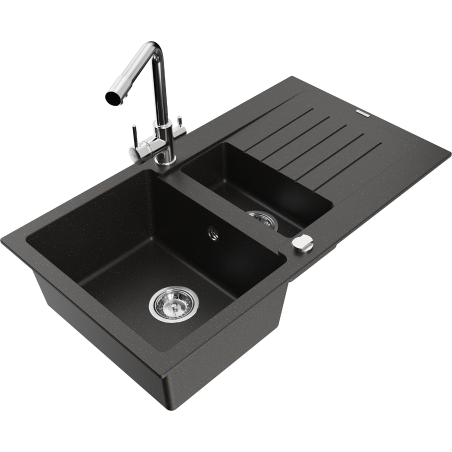 Mexen Matias chiuvetă de granit cu 1,5 cuve, cu scurgător și baterie de bucătărie Duero, negru/auriu metalic