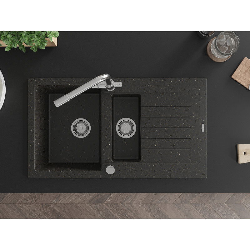 Mexen Matias chiuvetă de granit cu 1,5 cuve, cu scurgător și baterie de bucătărie Duero, negru/auriu metalic