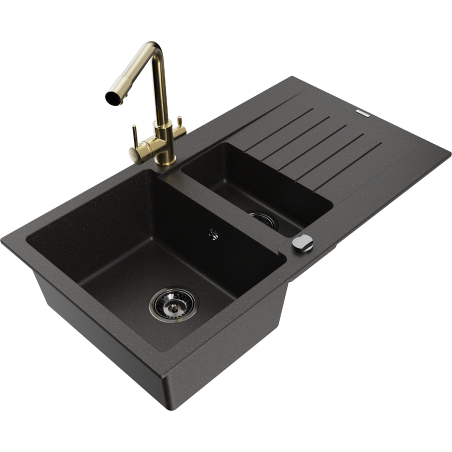 Chiuvetă granit Mexen Matias cu 1,5 cuve și picurător și baterie de bucătărie Duero, negru/auriu - 6502-75-671600-50-B