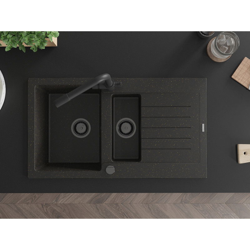 Mexen Matias gránit mosogató 1,5 rekeszes csepegtetővel és Duero konyhai csapteleppel, fekete/arany - 6502-75-671600-70-B