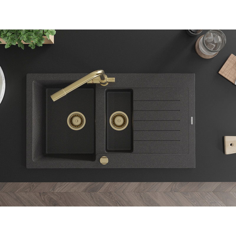 Mexen Matias chiuvetă granit 1,5 camere cu scurgător și baterie bucătărie Duero, negru cu pete - 6502-76-671600-50
