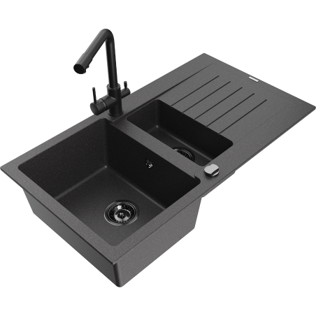 Mexen Matias chiuvetă de bucătărie din granit cu 1,5 compartimente, cu scurgător și robinet Duero, negru cu stropi albi