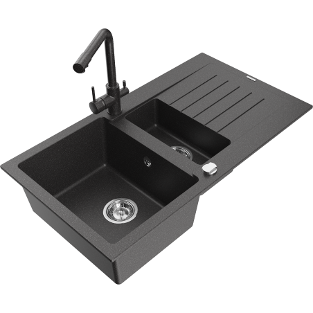 Mexen Matias chiuvetă de bucătărie din granit cu 1,5 cuve, cu scurgător și baterie Duero, negru cu pete - 6502-76-671600-76