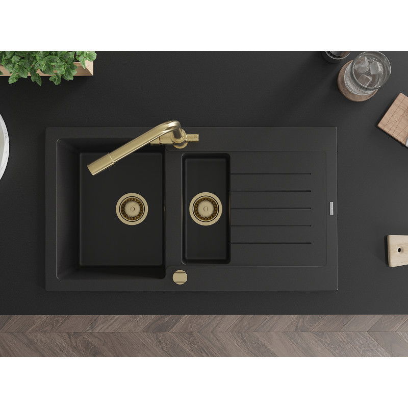 Mexen Matias gránit mosogató 1,5-medencés csepegtetővel és Duero konyhai csapteleppel, fekete - 6502-77-671600-50