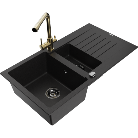 Mexen Matias gránit mosogató 1,5-medencés csepegtetővel és Duero konyhai csappal, fekete - 6502-77-671600-50-B