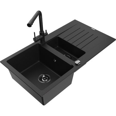 Mexen Matias 1,5 rekeszes gránit mosogató lefolyóval és Duero konyhai csapteleppel, fekete - 6502-77-671600-70-B