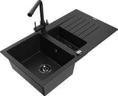 Mexen Matias chiuvetă de granit cu 1,5 compartimente cu scurgător și baterie de bucătărie Duero, negru - 6502-77-671600-70-B