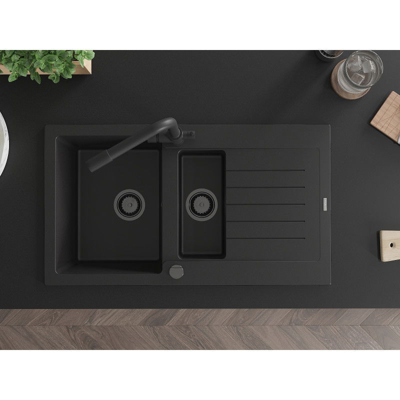 Mexen Matias chiuvetă de granit cu 1,5 compartimente cu scurgător și baterie de bucătărie Duero, negru - 6502-77-671600-70-B