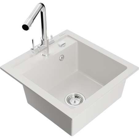 Mexen Vito chiuvetă de bucătărie din granit, 1 compartiment, cu baterie Duero, albă - 6503-20-671600-00