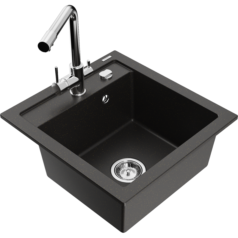 Mexen Vito chiuvetă de bucătărie din granit cu 1 compartiment și baterie Duero, negru/auriu metalic - 6503-75-671600-00