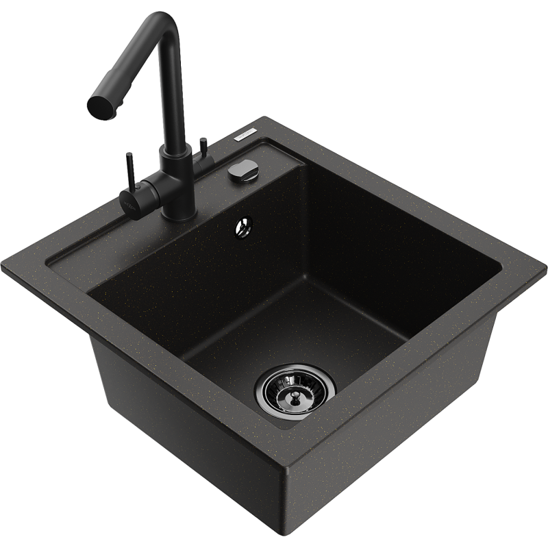 Mexen Vito chiuvetă de granit cu 1 compartiment cu baterie de bucătărie Duero, negru/auriu metalizat - 6503-75-671600-70-B