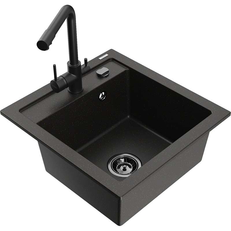 Mexen Vito chiuvetă granitică cu o singură cuvă și baterie de bucătărie Duero, negru/auriu metalic - 6503-75-671600-70-B