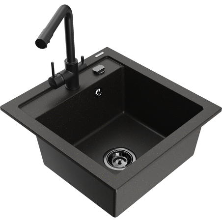 Mexen Vito chiuvetă granitică cu o singură cuvă și baterie de bucătărie Duero, negru/auriu metalic - 6503-75-671600-70-B
