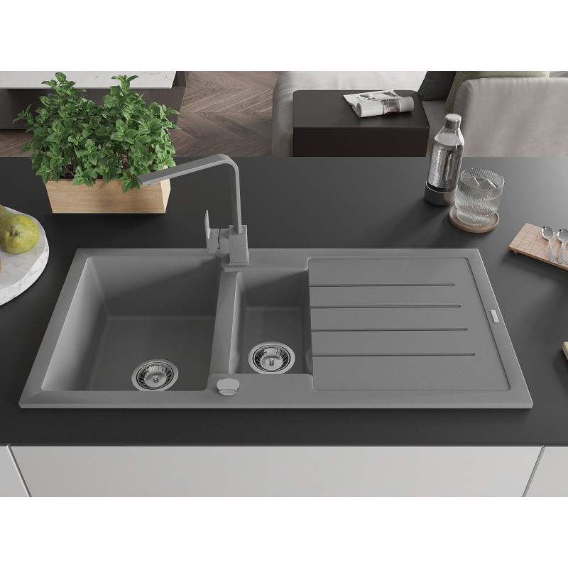 Mexen Andres chiuvetă de granit 1,5 cameră cu scurgător și baterie de bucătărie Rita, gri - 6515-71-670300-71