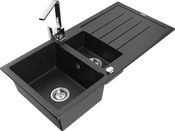 Mexen Andres gránit mosogató 1,5 medencés csepegtetővel és Rita konyhai csappal, fekete/ezüst metál - 6515-73-670300-00