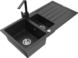 Mexen Andres chiuvetă din granit cu 1,5 compartimente cu scurgător și baterie de bucătărie Rita, negru/argintiu metalic
