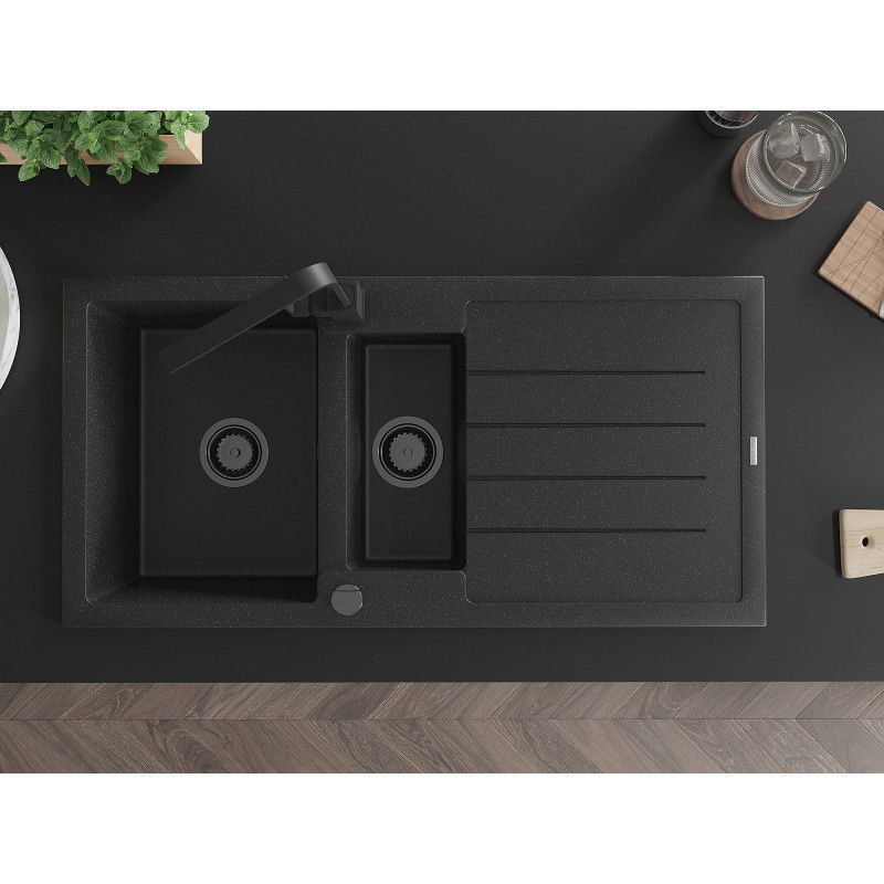 Mexen Andres 1,5 rekeszes gránit mosogató csepegtetővel és Rita konyhai csapteleppel, fekete/ezüst - 6515-73-670300-70-B