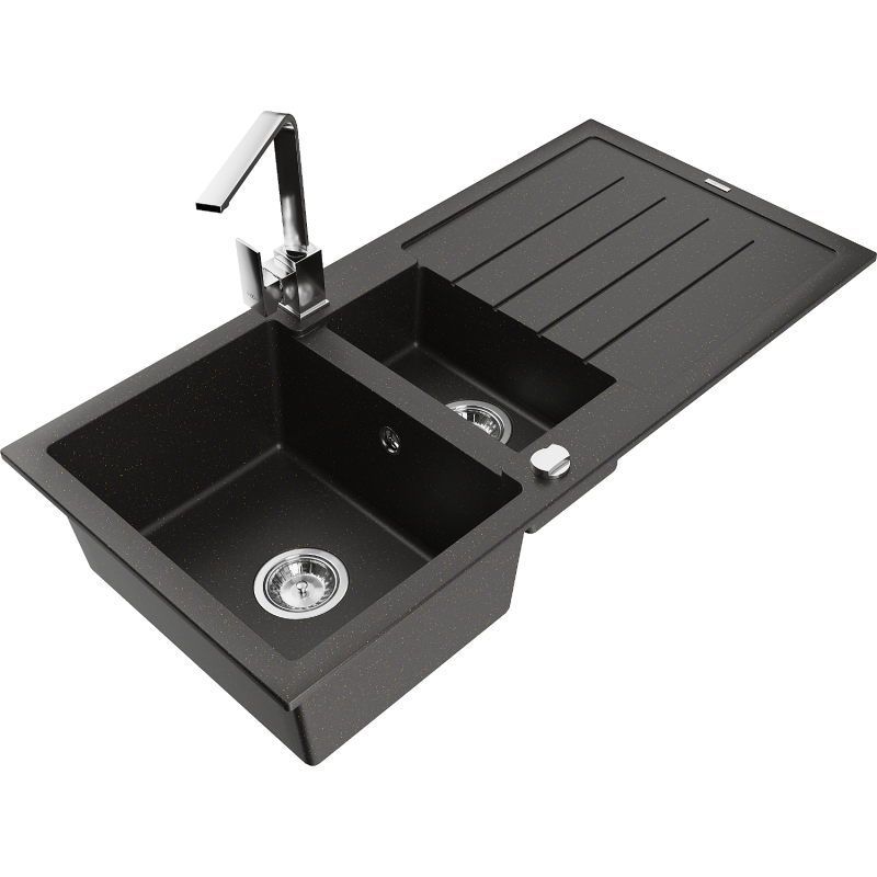 Mexen Andres chiuvetă granit 1,5-camere cu scurgător și baterie de bucătărie Rita, negru/auriu metalic- 6515-75-670300-00