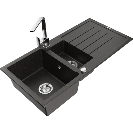 Mexen Andres chiuvetă granit 1,5-camere cu scurgător și baterie de bucătărie Rita, negru/auriu metalic- 6515-75-670300-00