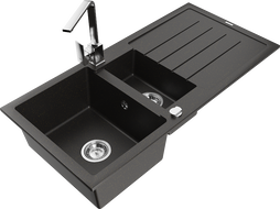 Mexen Andres 1,5 kamrás gránit mosogató csepegtetővel és Rita konyhai csappal, fekete/arany metál - 6515-75-670300-00