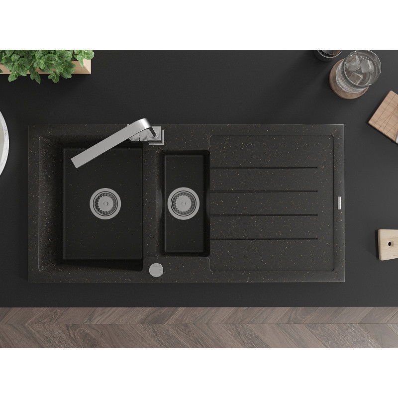 Mexen Andres chiuvetă granit 1,5-camere cu scurgător și baterie de bucătărie Rita, negru/auriu metalic- 6515-75-670300-00