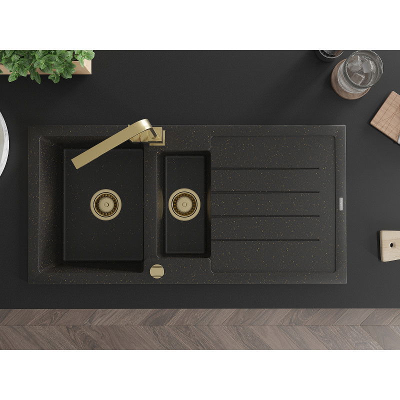 Mexen Andres chiuvetă de bucătărie din granit cu 1,5 camere cu scurgător și baterie de bucătărie Rita, negru/auriu