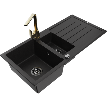 Mexen Andres 1,5 rekeszes gránit mosogatótálca csepegtetővel és Rita konyhai csapteleppel, fekete/arany metál