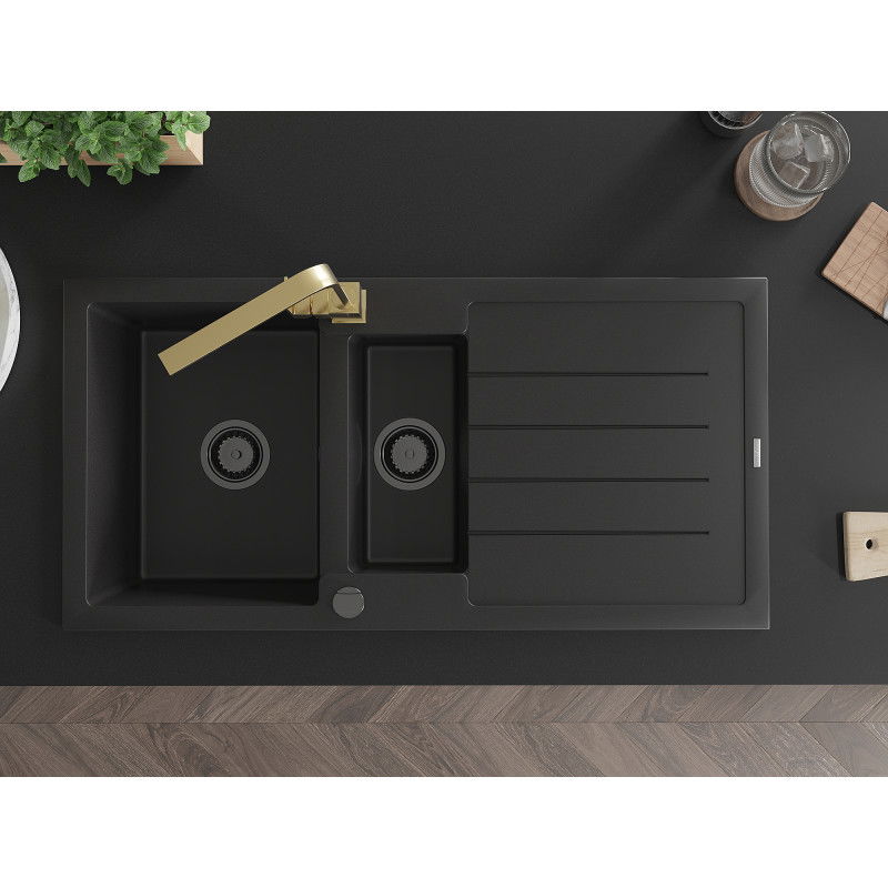 Mexen Andres chiuvetă granit 1,5-camere cu scurgător și baterie bucătărie Rita, negru/metalic auriu- 6515-75-670300-50-B