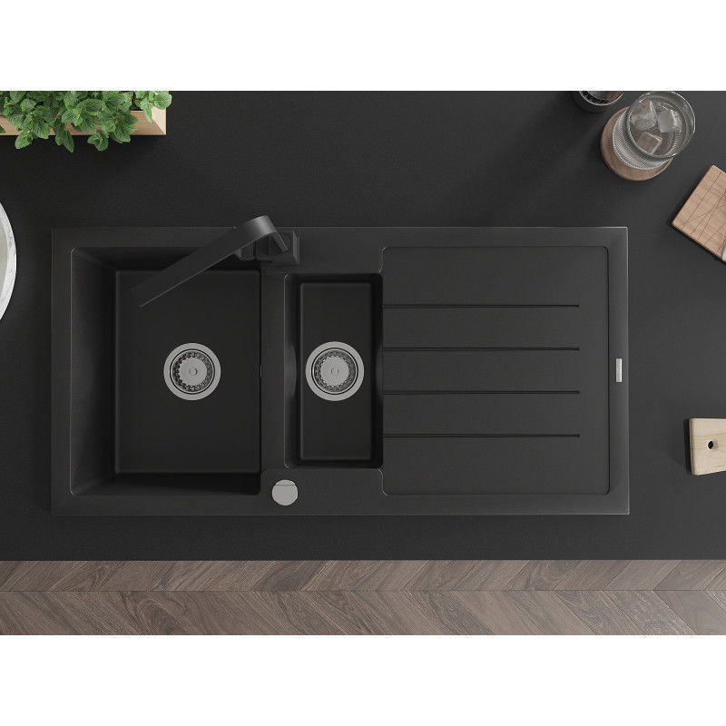 Mexen Andres gránit mosogató 1,5 medencés csepegtetővel és Rita konyhai csapteleppel, fekete/arany metál - 6515-75-670300-70