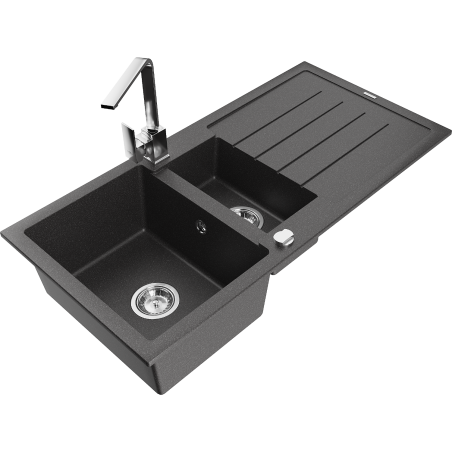 Mexen Andres chiuvetă granit 1,5-camere cu scurgător și baterie de bucătărie Rita, negru pătat - 6515-76-670300-00