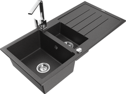 Mexen Andres chiuvetă din granit 1,5 cuve cu scurgător și baterie de bucătărie Rita, negru cu pete - 6515-76-670300-00