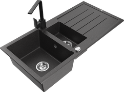 Mexen Andres chiuvetă de granit 1,5 camere cu scurgător și baterie de bucătărie Rita, negru cu puncte - 6515-76-670300-70