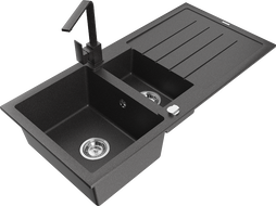 Mexen Andres gránit mosogató 1,5 medencés, csepegtetős és Rita konyhai csappal, fekete pöttyös - 6515-76-670300-76