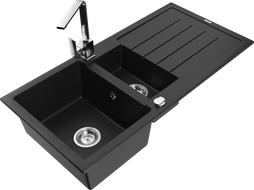 Mexen Andres 1,5-medencés gránit mosogató csepegtetővel és Rita konyhai csapteleppel, fekete - 6515-77-670300-00