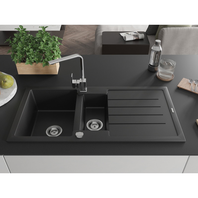 Mexen Andres chiuvetă granit 1,5 bol cu scurgător și baterie de bucătărie Rita, negru - 6515-77-670300-00