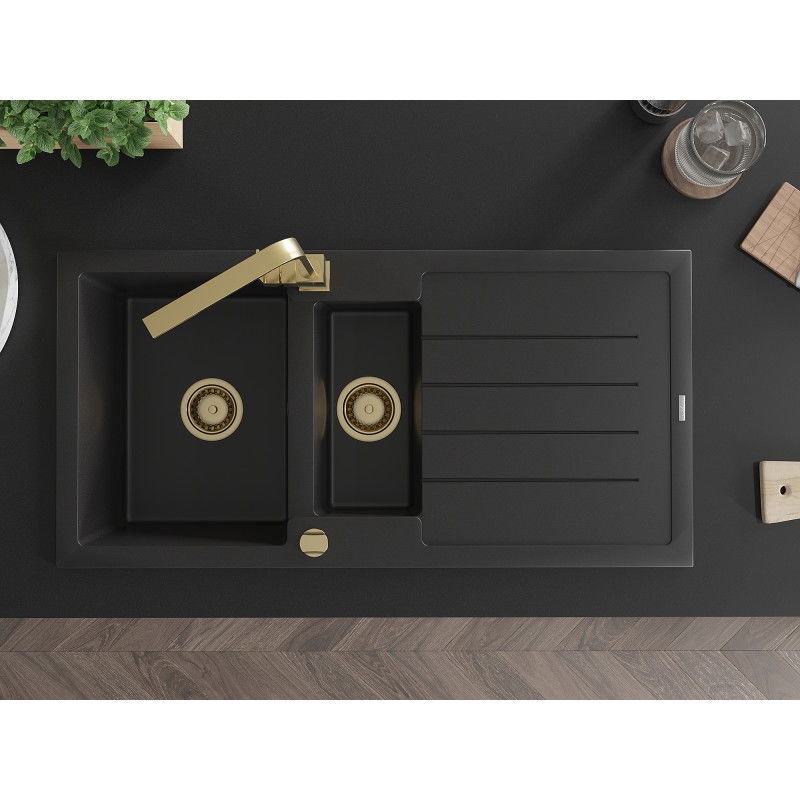 Mexen Andres chiuvetă de granit cu 1,5 compartimente, cu scurgător și robinet de bucătărie Rita, negru - 6515-77-670300-50