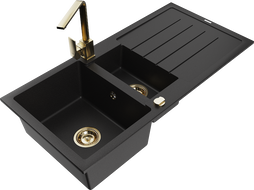 Mexen Andres 1,5-medencés gránit mosogató csepegtetővel és Rita konyhai csappal, fekete - 6515-77-670300-50