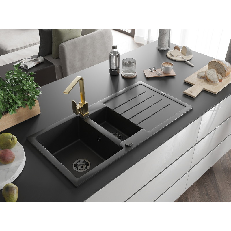 Mexen Andres chiuvetă granit 1,5 camere cu scurgător și baterie de bucătărie Rita, negru - 6515-77-670300-50-B