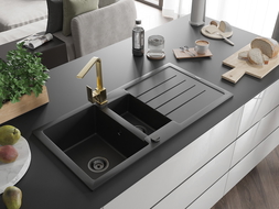 Mexen Andres 1,5-medencés gránit mosogató csepegtetővel és Rita konyhai csappal, fekete - 6515-77-670300-50-B