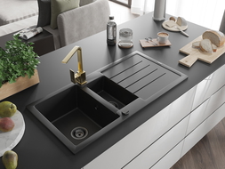 Mexen Andres chiuvetă din granit cu 1,5 camere cu scurgător și baterie de bucătărie Rita, negru - 6515-77-670300-50-B