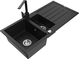 Mexen Andres 1,5 rekeszes gránit mosogató csepegtetővel és Rita konyhai csappal, fekete - 6515-77-670300-70