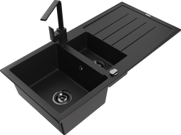 Mexen Andres chiuvetă din granit cu 1,5 compartimente, cu scurgător și baterie de bucătărie Rita, negru - 6515-77-670300-70-B