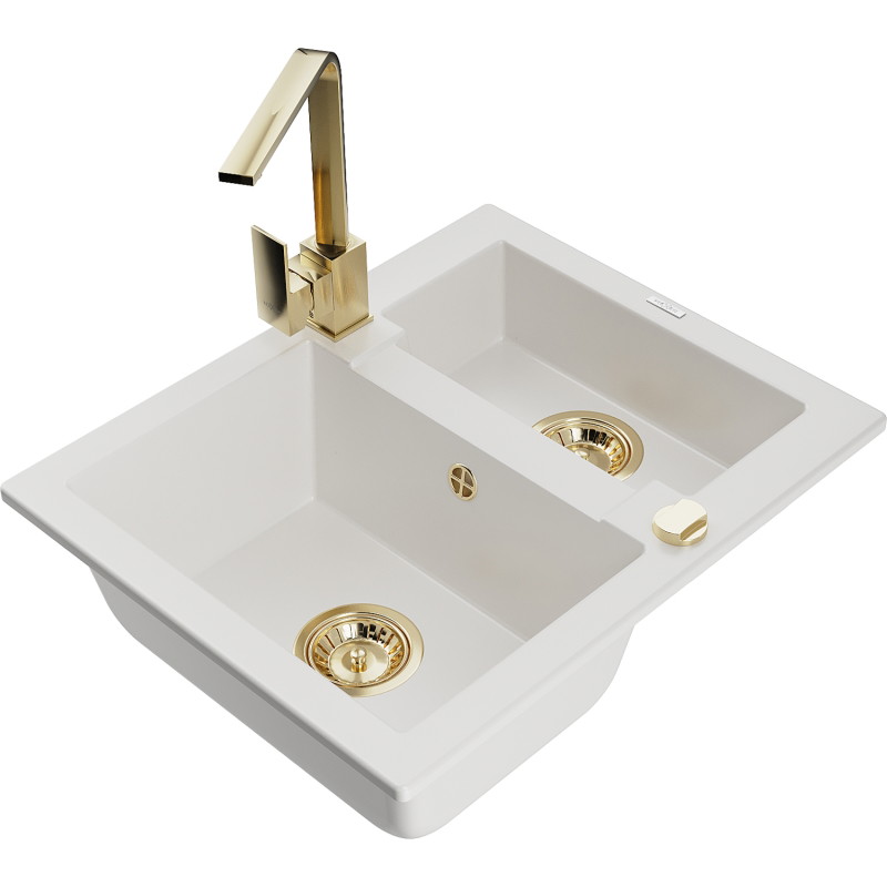 Mexen Carlos chiuvetă de bucătărie din granit cu 1,5 compartimente și baterie de bucătărie Rita, albă - 6518-20-670300-50