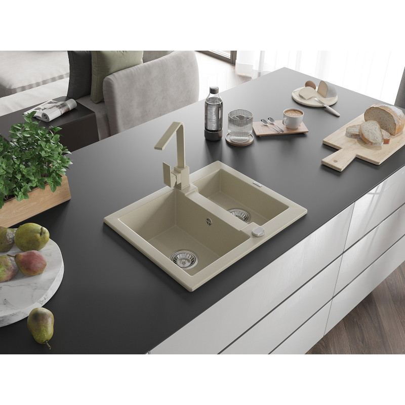 Mexen Carlos chiuvetă de granit cu 1,5 compartimente cu baterie de bucătărie Rita, bej - 6518-69-670300-69