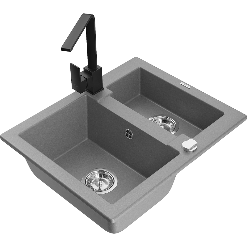 Mexen Carlos chiuvetă de bucătărie din granit cu 1,5 compartimente și robinet Rita, gri - 6518-71-670300-70