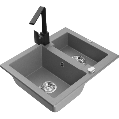 Mexen Carlos chiuvetă de bucătărie din granit cu 1,5 compartimente și robinet Rita, gri - 6518-71-670300-70