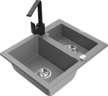 Chiuvetă de granit Mexen Carlos 1,5 camere cu baterie de bucătărie Rita, gri - 6518-71-670300-70