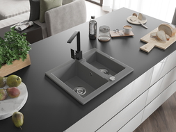 Mexen Carlos chiuvetă de bucătărie din granit cu 1,5 compartimente și robinet Rita, gri - 6518-71-670300-70