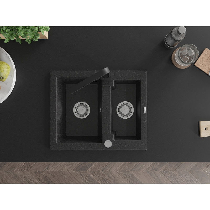Mexen Carlos chiuvetă din granit cu 1,5 compartimente și baterie de bucătărie Rita, negru/argintiu metalic - 6518-73-670300-70